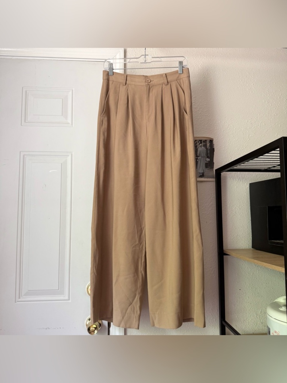 NONCHALANT tan rayon wide leg pleated front trousers pants